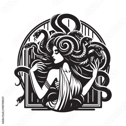 Stylized depiction of a woman with snakes for hair in monochrome art