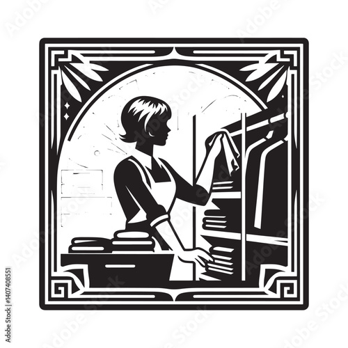 Stylized illustration of clothing store associate organizing merchandise