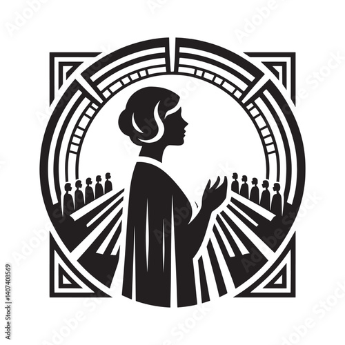 Stylized Illustration of Female Figure Leading a Group in Worship Setting