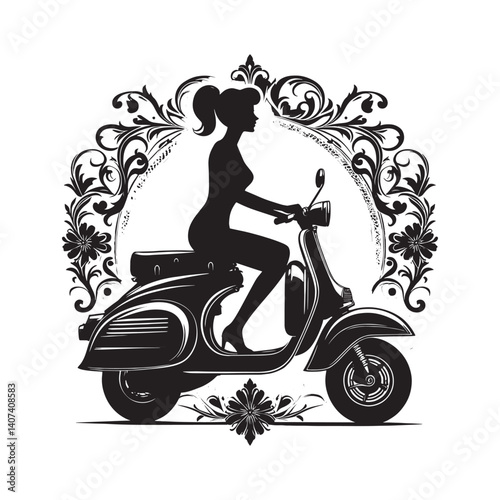 Stylish woman silhouette riding vintage scooter with ornate floral frame