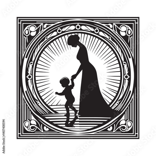 Stylized monochrome image of mother guiding child within ornate frame