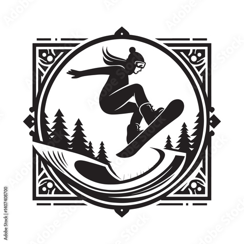 Stylized snowboarder executing a jump in a snow park, art deco design