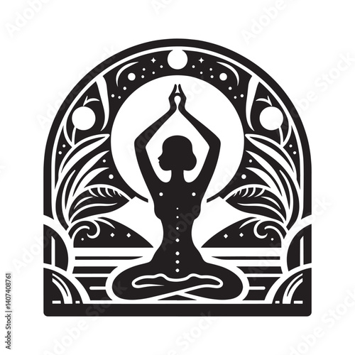 Stylized woman meditating in tranquil nature scene vector illustration