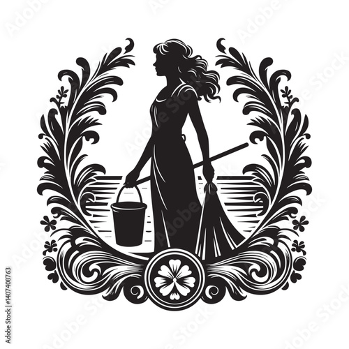 Symbolic depiction of cleaning woman in decorative floral border artwork