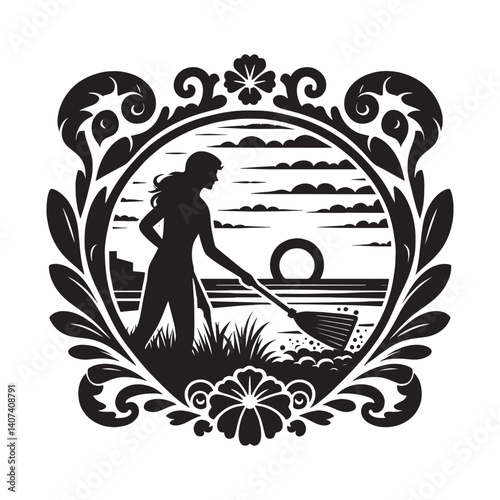 Stylized Woman Cleaning Beachfront in Decorative Frame Silhouette