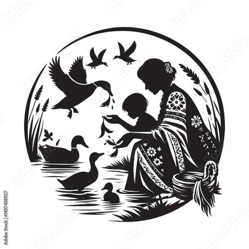 Tranquil lakeside scene with a mother and child feeding ducks together