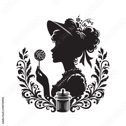 Victorian Era Silhouette of a Woman with Lollipop and Flourish Details