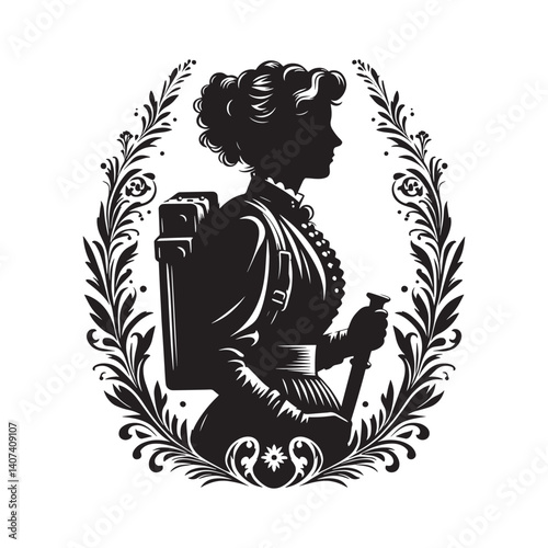 Victorian era mountain guide silhouette within ornate floral design element