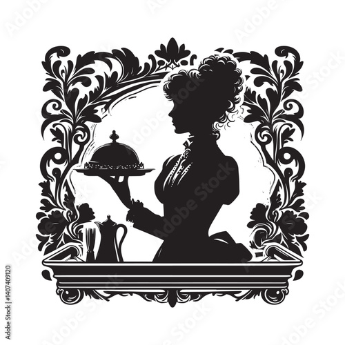 Victorian era waitress silhouette with ornate flourish and dining elements