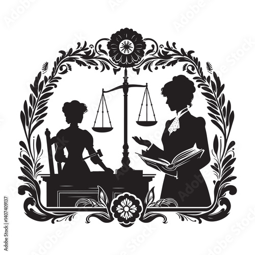 Victorian Era Silhouette Depicting Female Legal Professionals and Justice