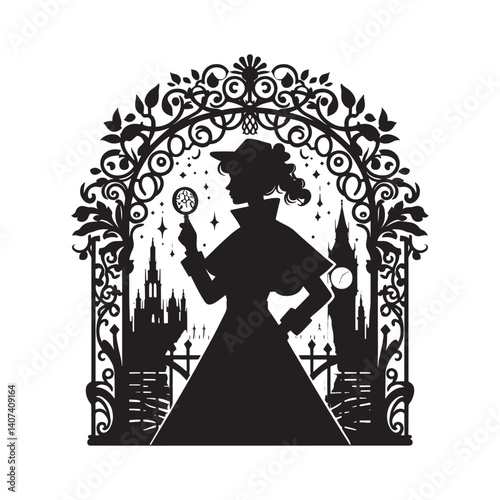 Victorian silhouette of a female investigator unraveling city mysteries