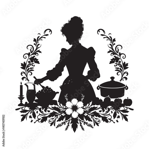 Victorian silhouette of a woman preparing a thanksgiving meal with elegance