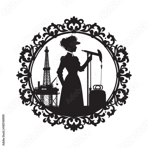 Victorian era woman silhouette overseeing modern oil rig operations concept