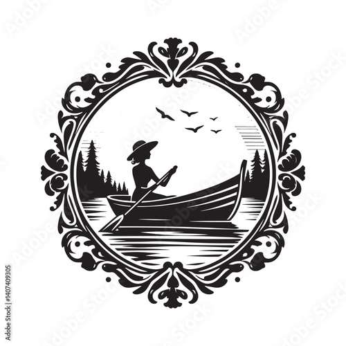 Vintage framed silhouette of a woman rowing a boat on a tranquil lake scene