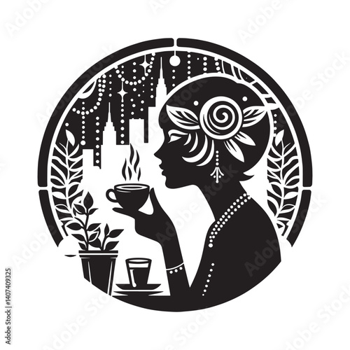 Vintage lady silhouette enjoying an espresso at a retro cafe overlooking city