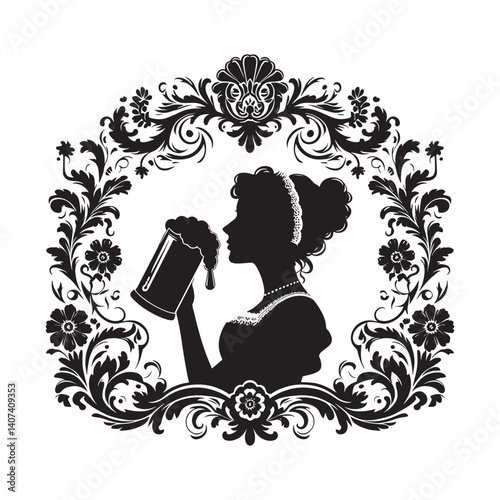 Vintage silhouette of lady drinking beer framed by floral elements