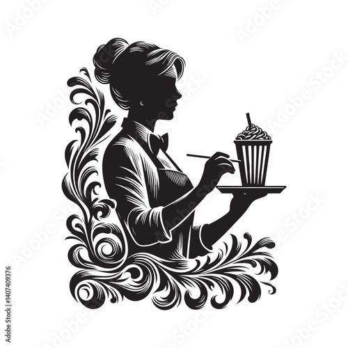 Vintage style illustration of waitress serving dessert in ornate flourish frame