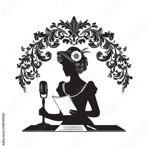 Vintage woman silhouette rehearsing lines in front of a microphone