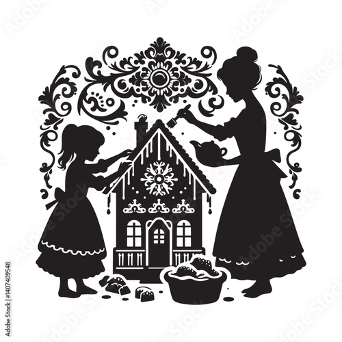 Whimsical silhouette of mother and child crafting a gingerbread house together