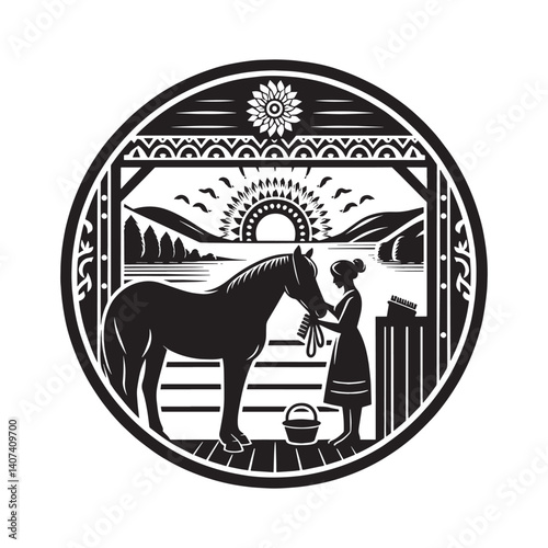 Woman grooming a horse in stable silhouette, surrounded by idyllic scenery