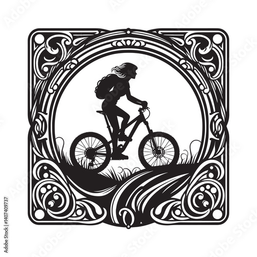 Woman embraces nature with mountain biking framed by artful design