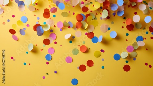 Burst of Festivity: Colorful confetti cascade downwards, creating a joyful celebration backdrop, symbolizing a party, special occasion, and the spirit of amusement