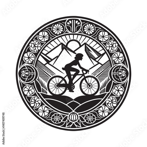 Woman cycling through mountainous landscape in ornamental circular design