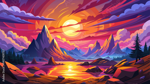 Amazing bright sunset over rocky cloudy mountains