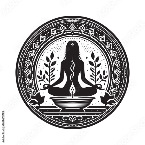 Woman in meditation silhouette, serene scene with incense in personal space