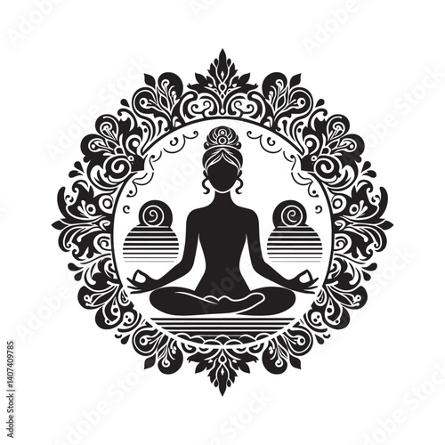 Woman in lotus pose with ornate mandala for mindfulness and wellness