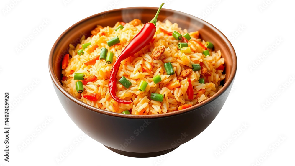 A steaming bowl of fried rice with vegetables and red chili, showcasing its vibrant colors and textu isolated on white background A steaming bowl of fried rice with vegetables and red chili, showcasing its vibrant colors and textu isolated on white background