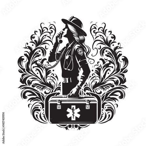 Woman paramedic in decorative monochrome illustration responding to a call
