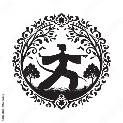 Woman practices Tai Chi in decorative natural frame silhouette style
