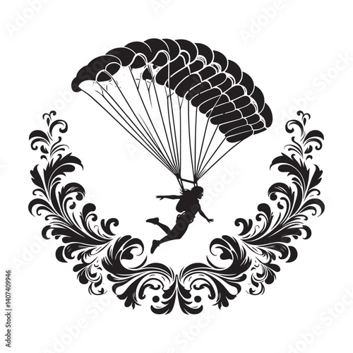 Woman skydiver with vibrant parachute framed by decorative swirl pattern