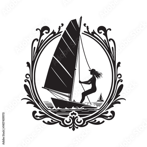 Woman silhouette sailing with Victorian flourish frame for decorative designs