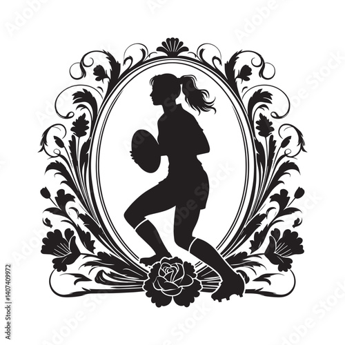 Woman silhouette playing rugby with intricate vintage floral ornament