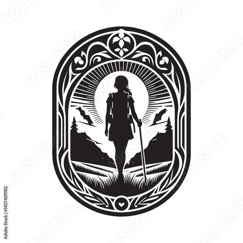 Woman silhouette hiking in serene nature landscape with ornamental frame