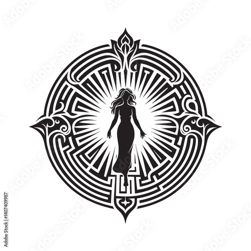 Woman,s Journey Through a Labyrinth Symbolizing Spiritual Growth and Self Discovery