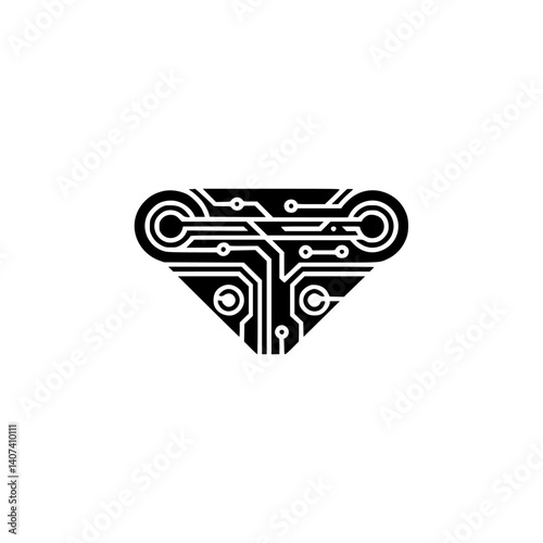 Abstract Circuitry Icon: Geometric PCB in Black on White