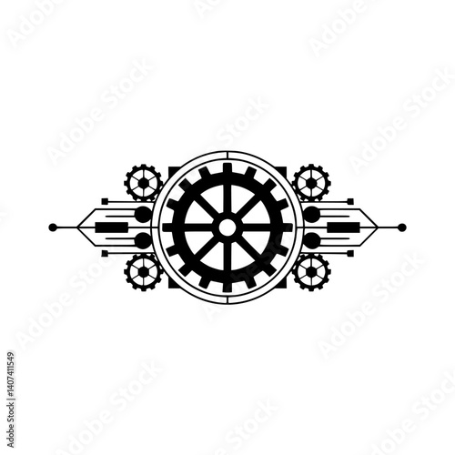 Geometric Steampunk Gear Emblem on White Background