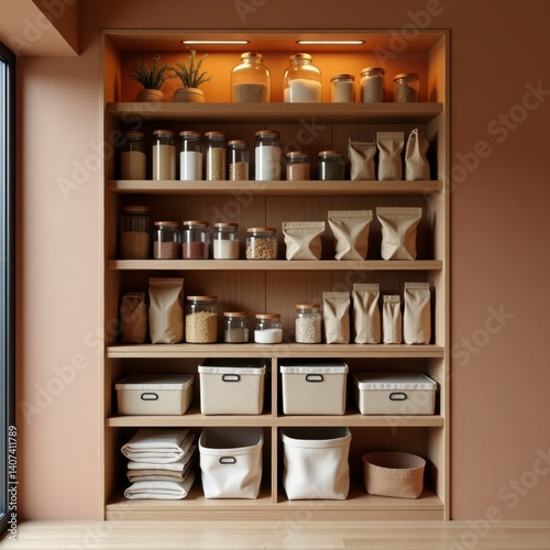 Wallpaper Mural A built-in wooden pantry displaying a variety of kitchen items organized on a shelf, showcasing home decor, storage solutions, and practicality in a modern kitchen environment Torontodigital.ca
