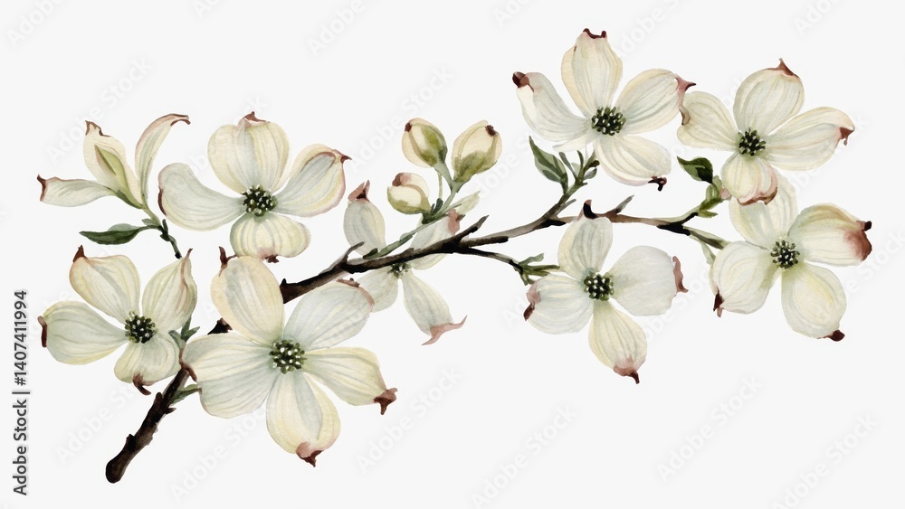 Fototapeta premium A white flower with a stem and leaves. The stem is thin and the leaves are small