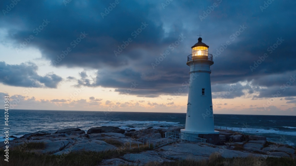 Ancient lighthouse on rocky coast with setting sun, sea spray and clouds in background. Ancient lighthouse on rocky coast with setting sun, sea spray and clouds in background.