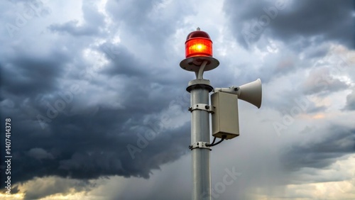 Disaster concept, Emergency alarm tower under dark storm clouds signaling alertness and warning.