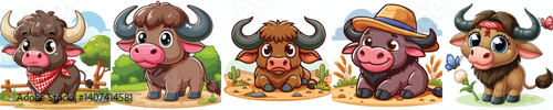 Collection of cartoon style buffalo farm animal images on white background