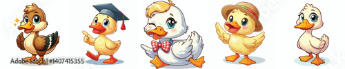 Cute collection of 
pictures of farm animals ducks 
in cartoon style on white background
