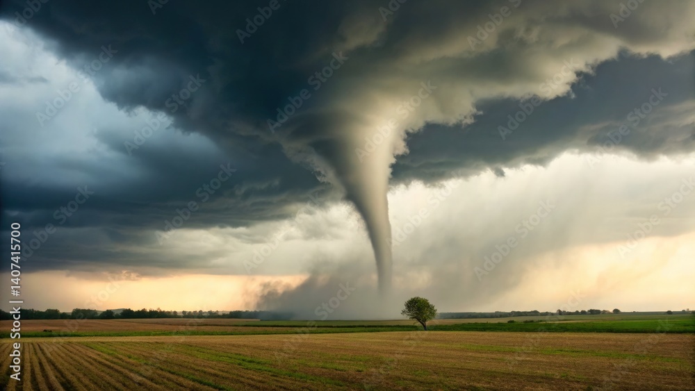 Disaster concept, A dramatic tornado touches down in an open field under dark storm clouds. Disaster concept, A dramatic tornado touches down in an open field under dark storm clouds.