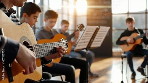 Students enthusiastically learn guitar in a lively music classroom setting.