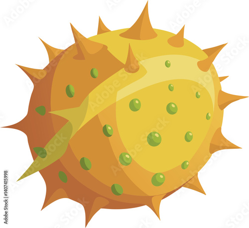 A vibrant vector art illustration of a beautiful horned melon kiwano, showcasing its exotic texture, vivid colors, and unique shape.