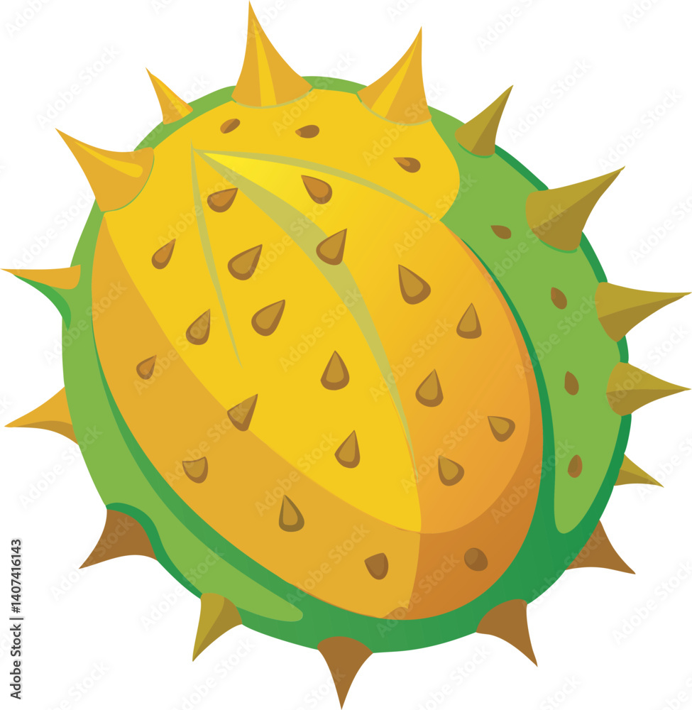 A vibrant vector art illustration of a beautiful horned melon kiwano, showcasing its exotic texture, vivid colors, and unique shape. A vibrant vector art illustration of a beautiful horned melon kiwano, showcasing its exotic texture, vivid colors, and unique shape.